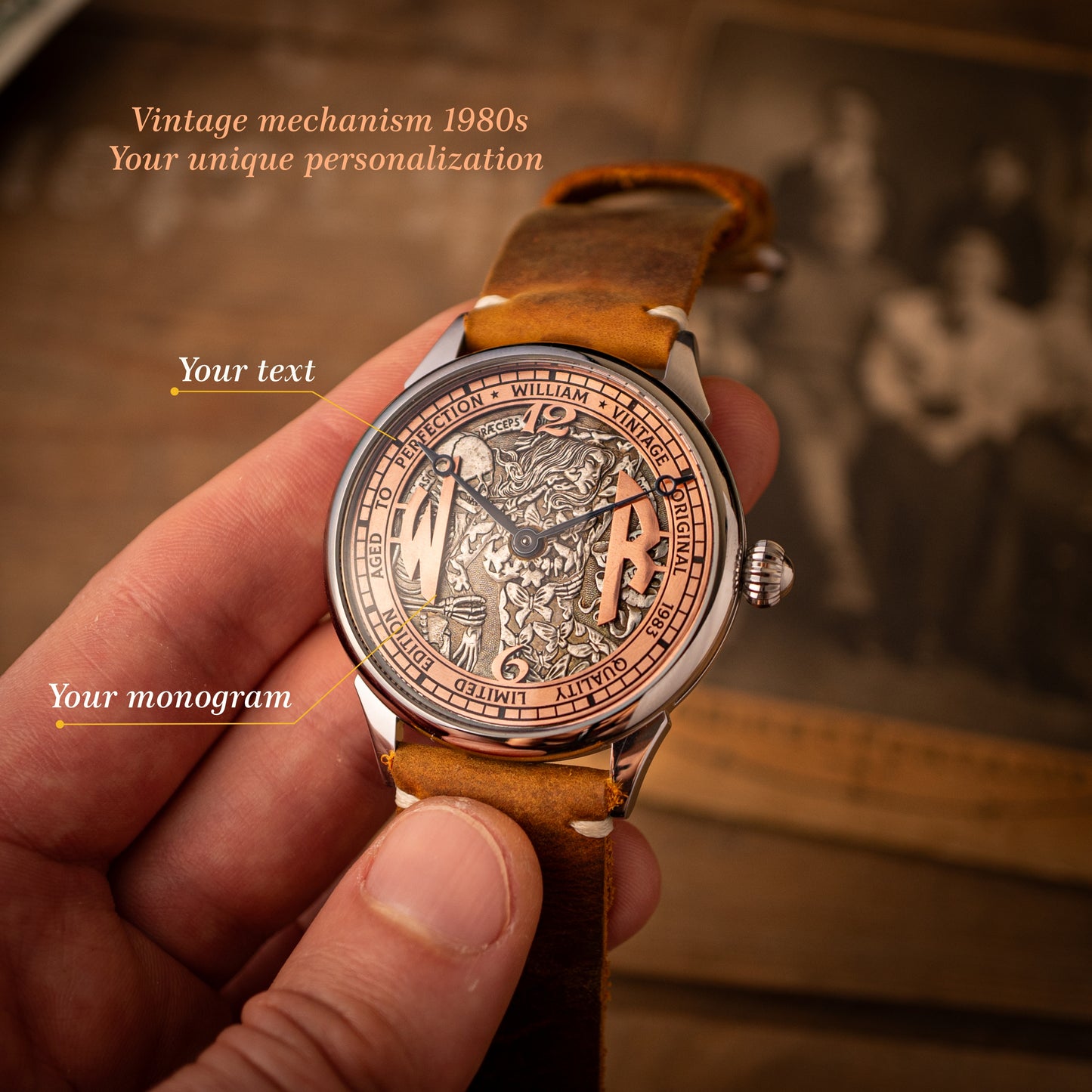 Personalized watch, vintage movement 1980s