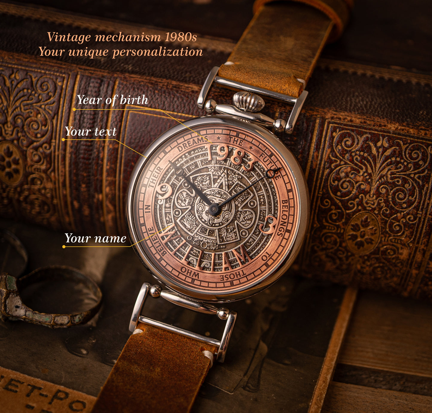 Personalized watch "Aztec", vintage movement 1980s