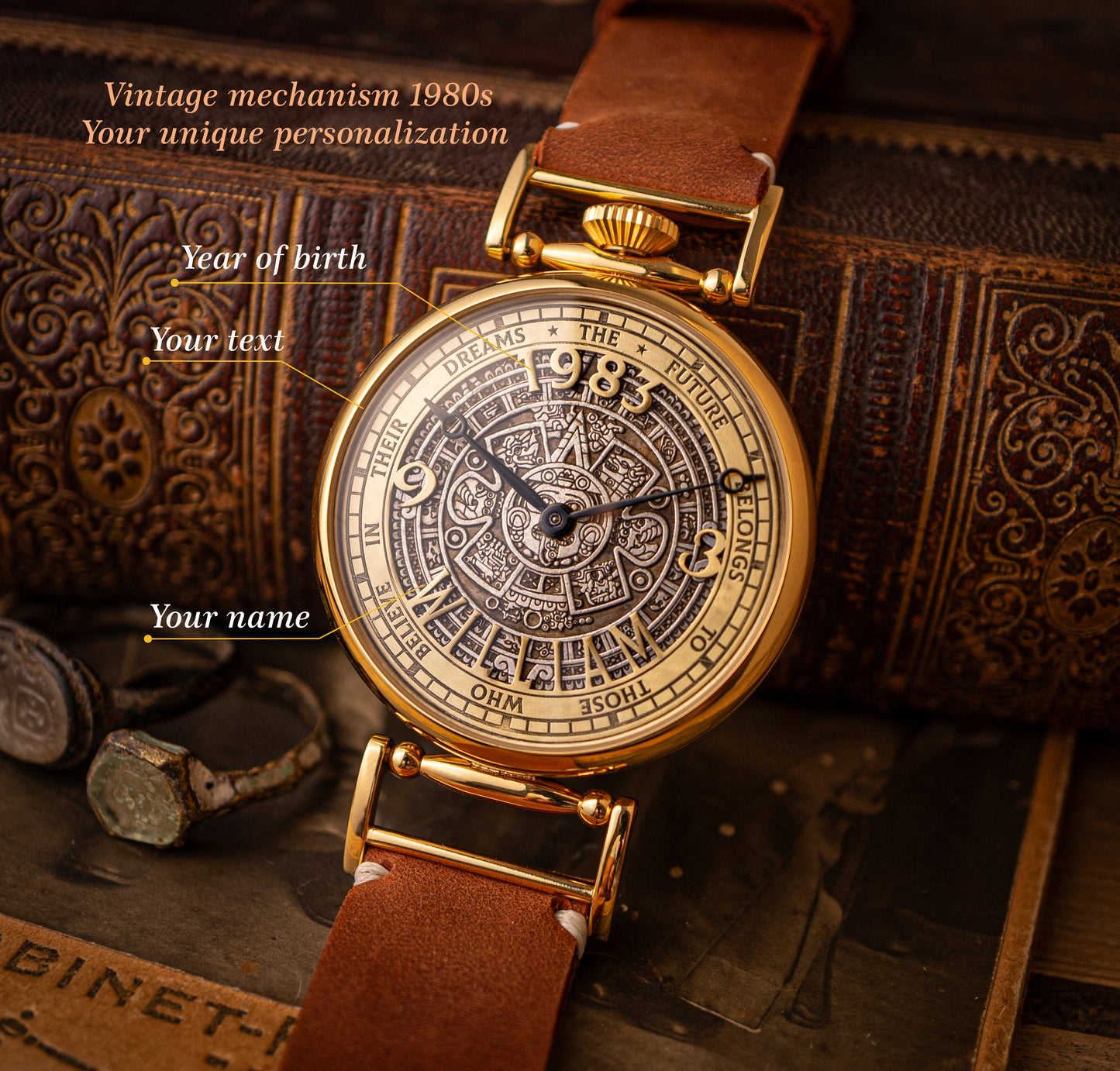 Personalized watch "Aztec", vintage movement 1980s