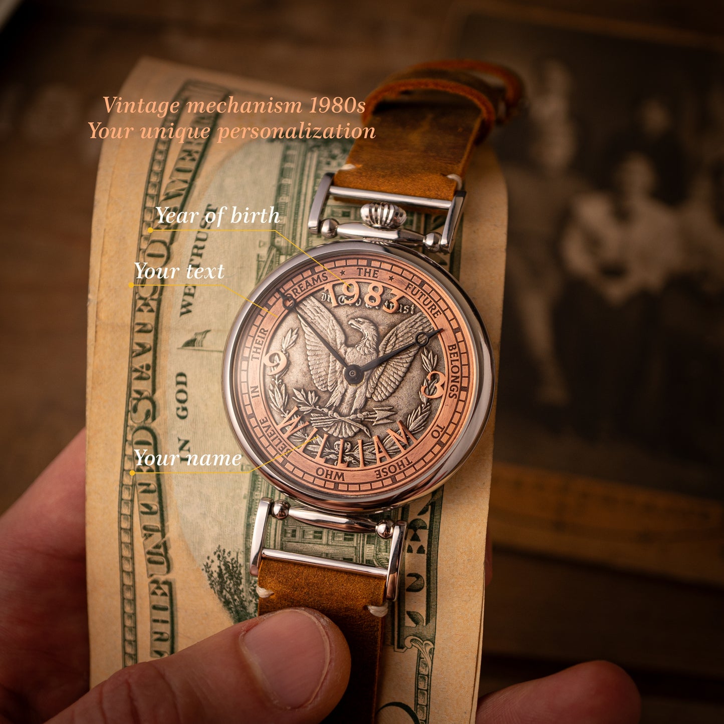 Personalized watch, vintage movement 1980s