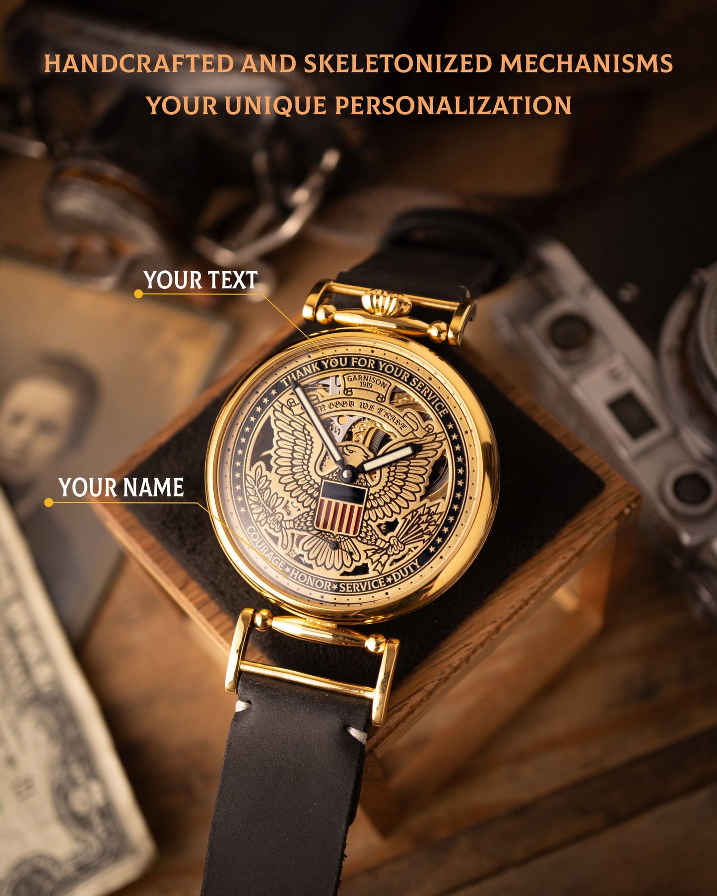 Personalized Mechanical Skeleton Watch – Handmade Dial with Cold Enamel, Crafted for Patriots Who Value Precision