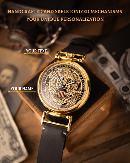 Personalized Mechanical Skeleton Watch – Handmade Dial with Cold Enamel, Crafted for Patriots Who Value Precision