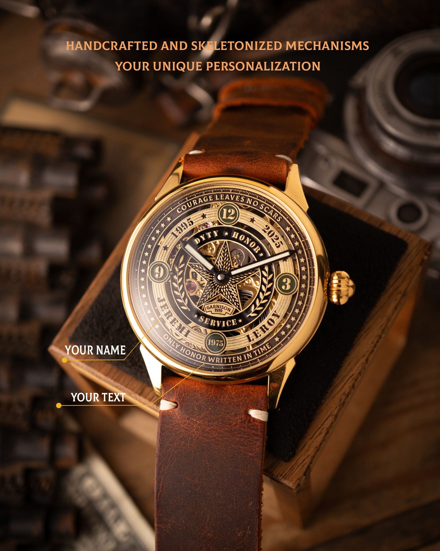 Personalized Military Watch Dial with Name Birth Year and Service Years Skeleton Veteran Gift
