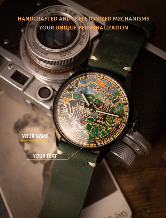 Personalized New York Map Skeleton Watch Handcrafted Brass Dial with Custom Engraving and Cold Enamel Finish