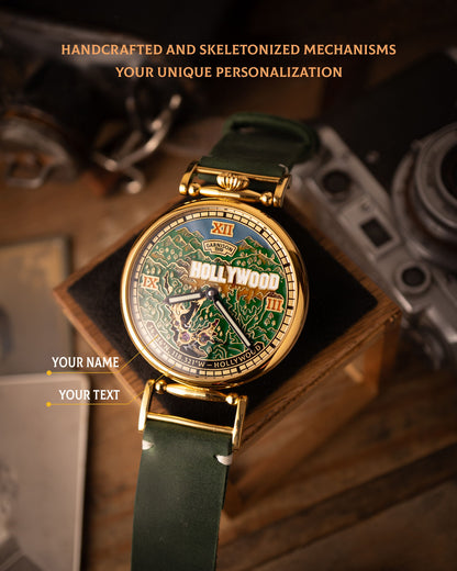 Personalized Hollywood Map Watch Dial Handcrafted Brass Timepiece Inspired by Cinema and Dreams