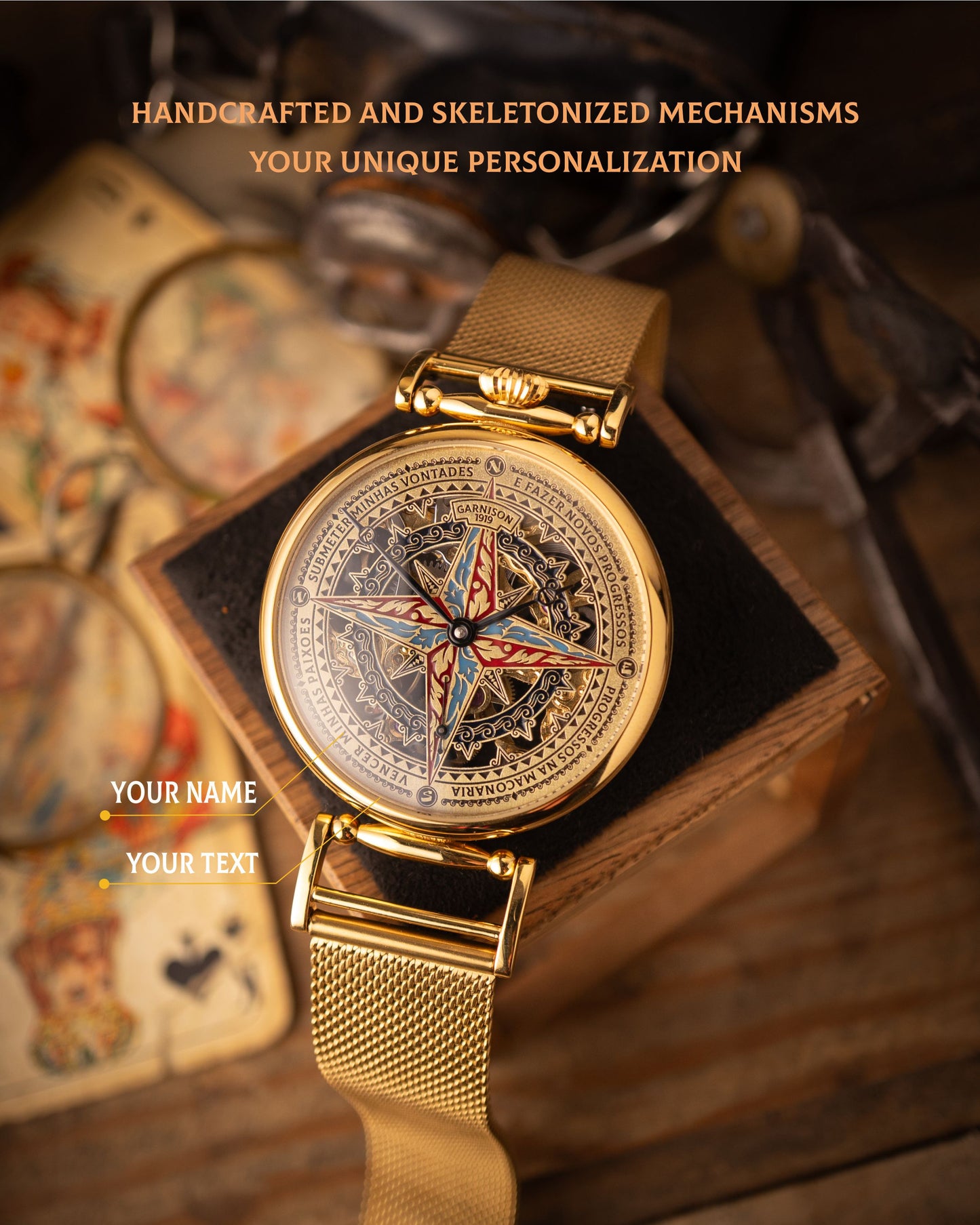 Personalized Compass Rose Skeleton Watch – Handmade Brass Mechanical Timepiece with Custom Engraved Dial – Unique Gift for Him