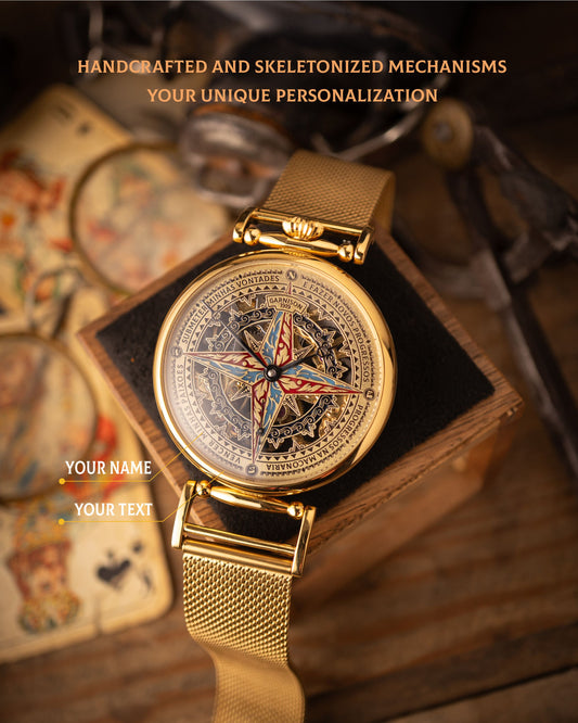 Personalized Compass Rose Skeleton Watch – Handmade Brass Mechanical Timepiece with Custom Engraved Dial – Unique Gift for Him