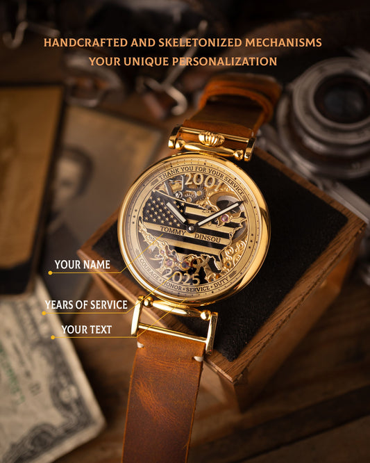 Personalized USA Map Watch with Flag and Skeleton Movement - Custom Name and Service Years