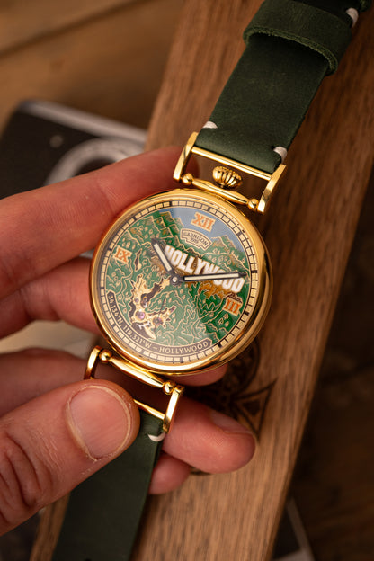 Personalized Hollywood Map Watch Dial Handcrafted Brass Timepiece Inspired by Cinema and Dreams
