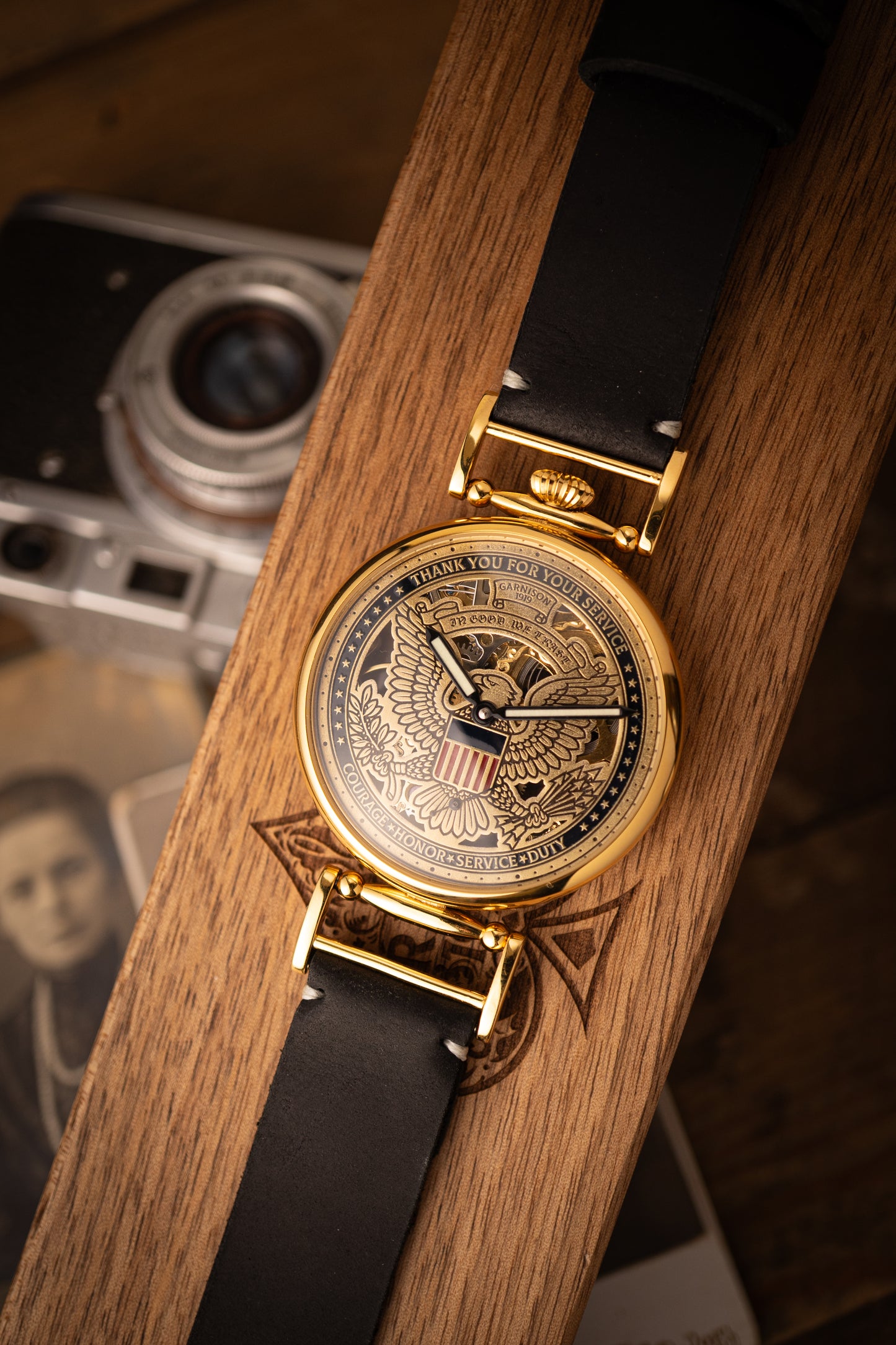 Personalized Mechanical Skeleton Watch – Handmade Dial with Cold Enamel, Crafted for Patriots Who Value Precision