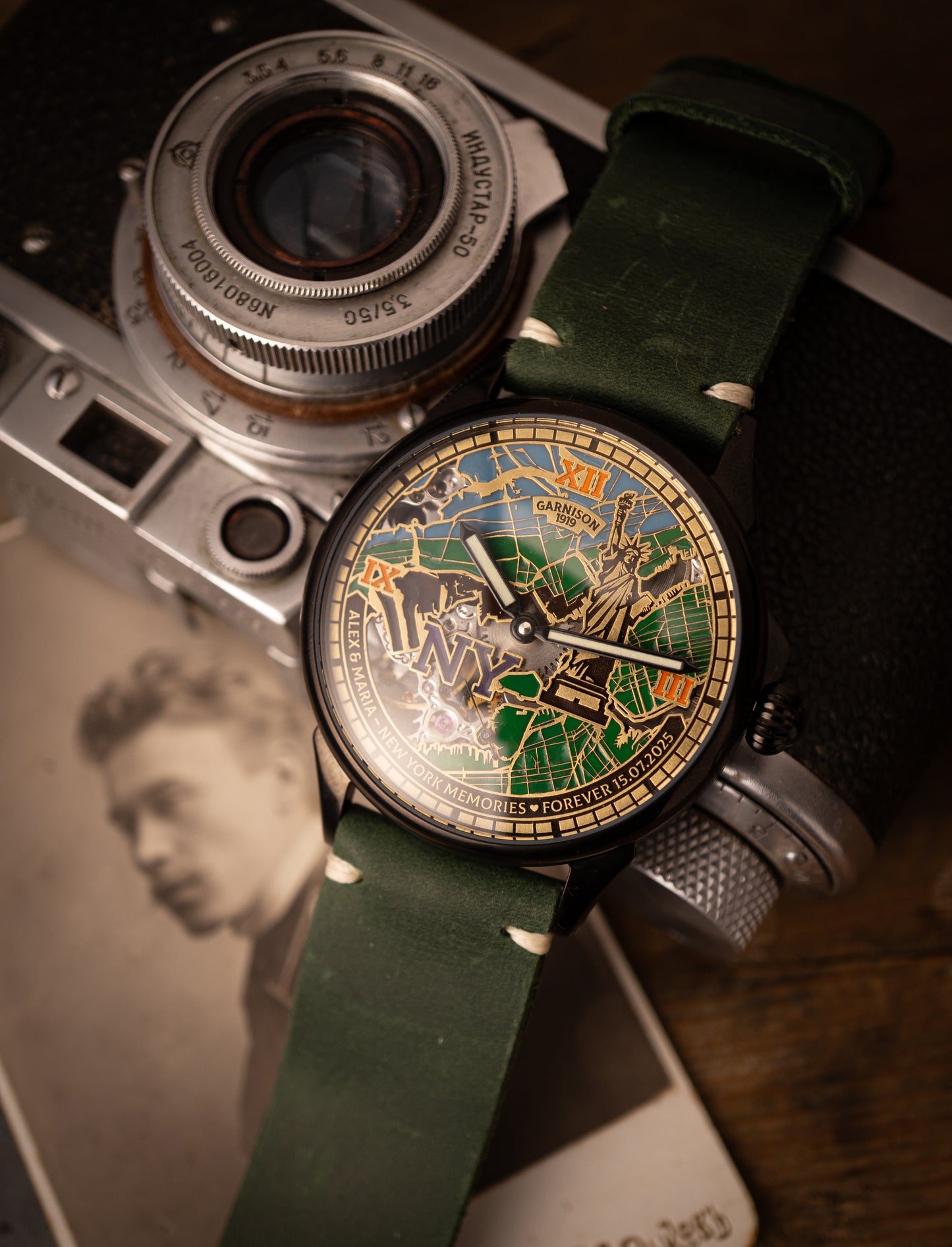 Personalized New York Map Skeleton Watch Handcrafted Brass Dial with Custom Engraving and Cold Enamel Finish