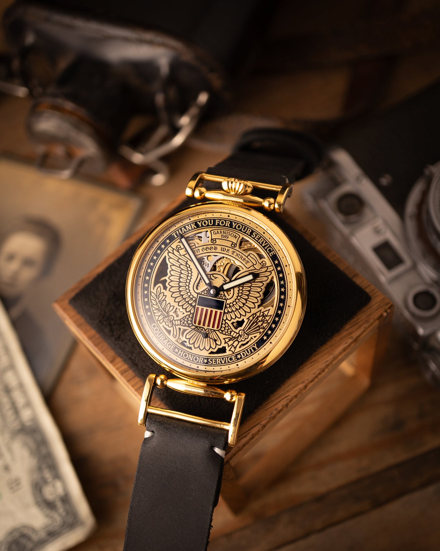 Personalized Mechanical Skeleton Watch – Handmade Dial with Cold Enamel, Crafted for Patriots Who Value Precision