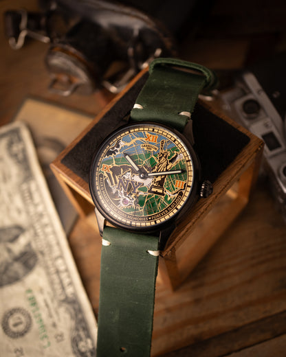 Personalized New York Map Skeleton Watch Handcrafted Brass Dial with Custom Engraving and Cold Enamel Finish