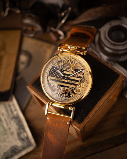 Personalized USA Map Watch with Flag and Skeleton Movement - Custom Name and Service Years