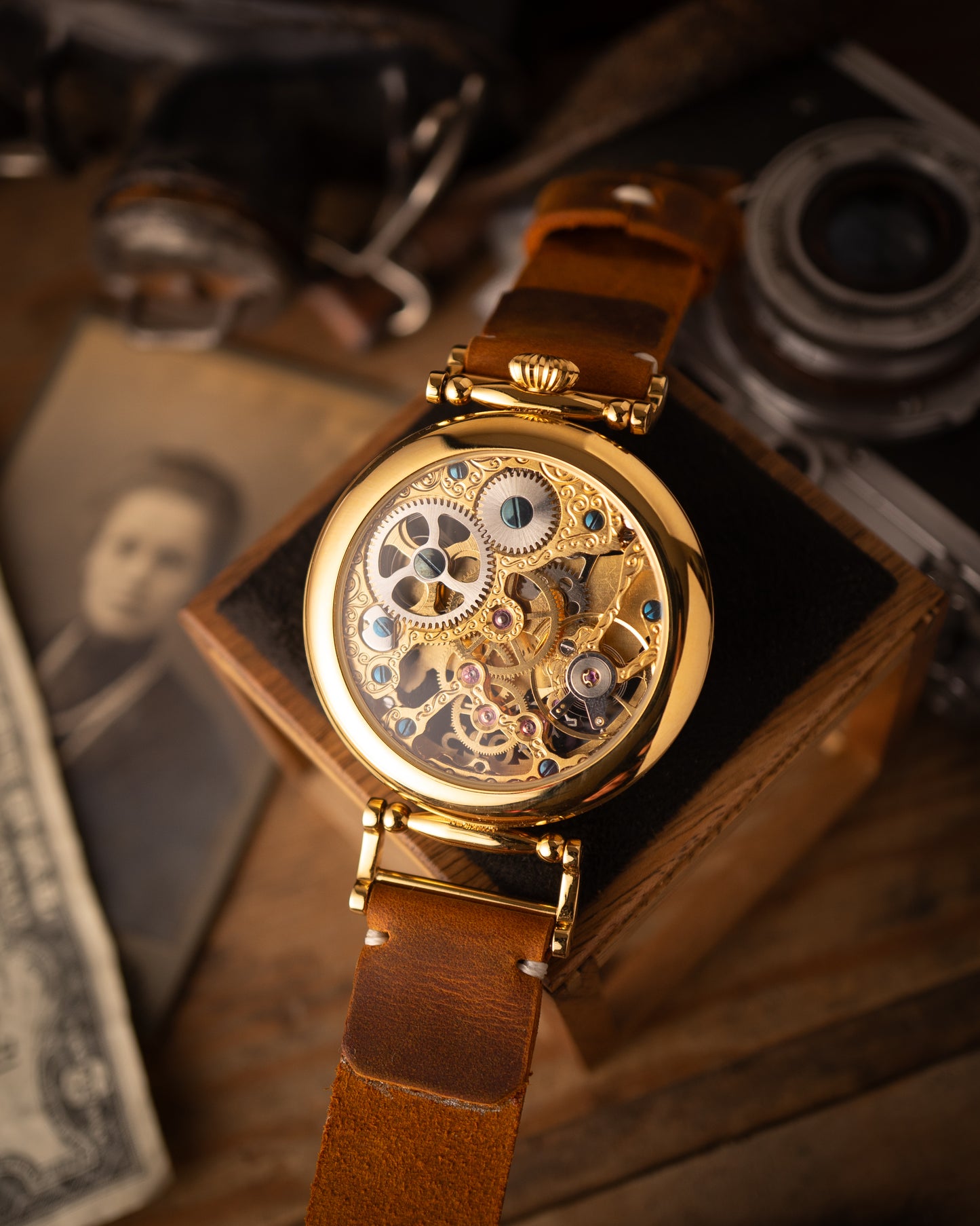 Personalized USA Map Watch with Flag and Skeleton Movement - Custom Name and Service Years