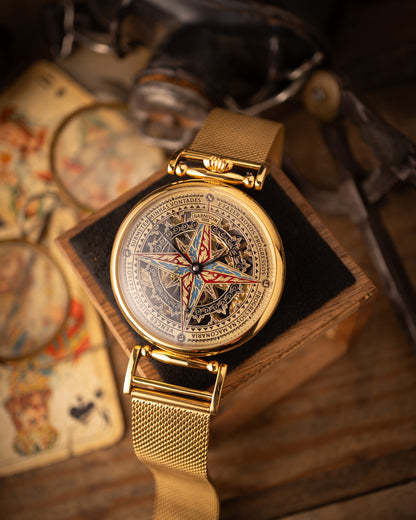 Personalized Compass Rose Skeleton Watch – Handmade Brass Mechanical Timepiece with Custom Engraved Dial – Unique Gift for Him