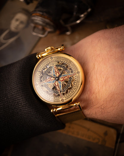 Personalized Compass Rose Skeleton Watch – Handmade Brass Mechanical Timepiece with Custom Engraved Dial – Unique Gift for Him