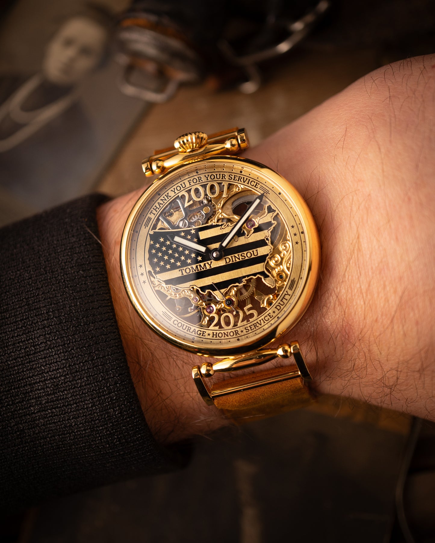 Personalized USA Map Watch with Flag and Skeleton Movement - Custom Name and Service Years