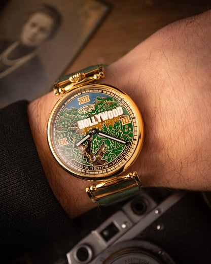 Personalized Hollywood Map Watch Dial Handcrafted Brass Timepiece Inspired by Cinema and Dreams
