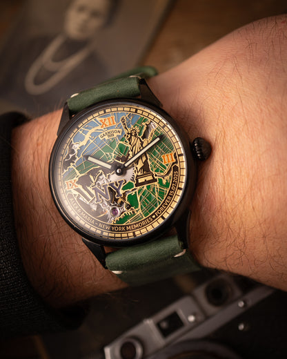 Personalized New York Map Skeleton Watch Handcrafted Brass Dial with Custom Engraving and Cold Enamel Finish