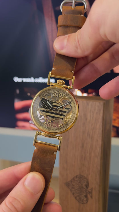 Personalized USA Map Watch with Flag and Skeleton Movement - Custom Name and Service Years
