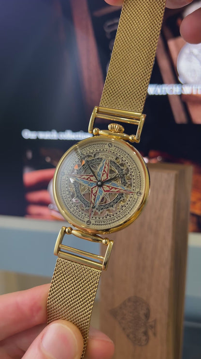 Personalized Compass Rose Skeleton Watch – Handmade Brass Mechanical Timepiece with Custom Engraved Dial – Unique Gift for Him
