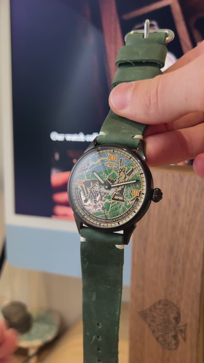 Personalized New York Map Skeleton Watch Handcrafted Brass Dial with Custom Engraving and Cold Enamel Finish